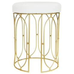 * Arca Glazed Gold Wire Vanity Stool/Padded White Faux Leather Seat Outlet