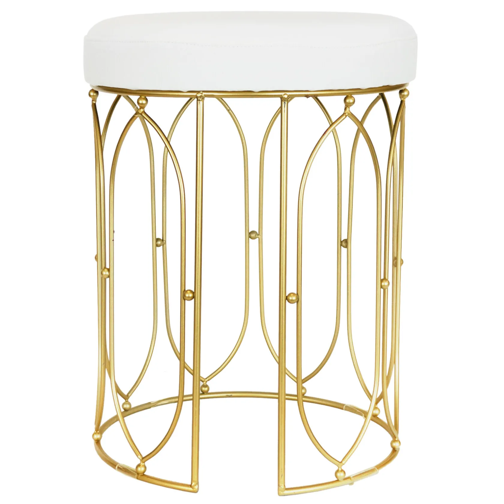 * Arca Glazed Gold Wire Vanity Stool/Padded White Faux Leather Seat Outlet