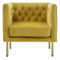 * Bendell Yellow Velvet Tufted Accent Club Chair With Gold Legs, Kd Promotion