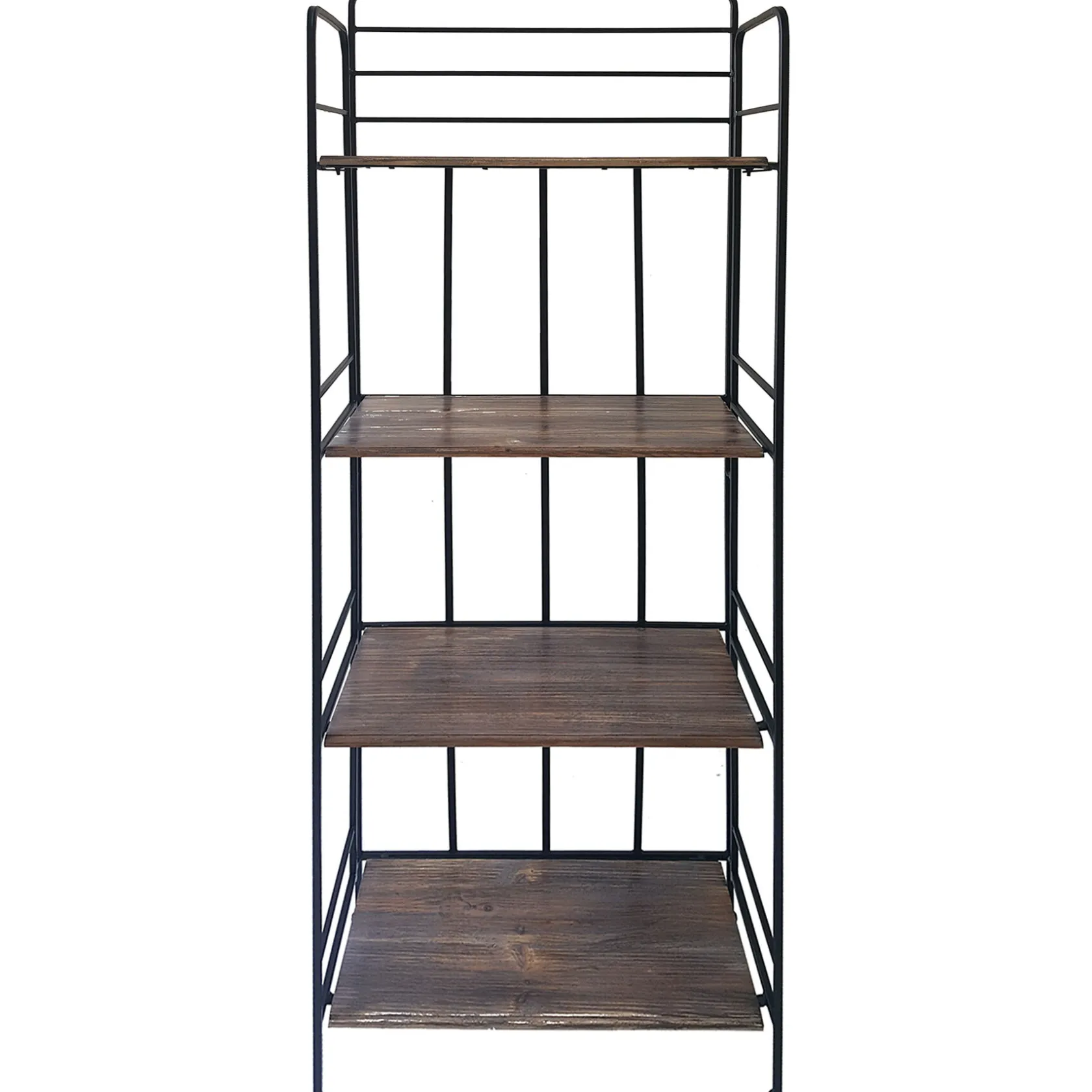 * Black 4 Tier Metal Baker Rack With Folding Wood Top Shelves Gift Selection