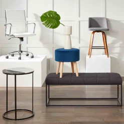 * Emmy Navy Velvet Round Wood Leg Ottoman Less Expensive