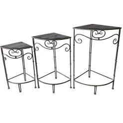 * Fan Shaped Wood Top Plant Stand With Rustic Double Tube Metal Leg, Small Low Price