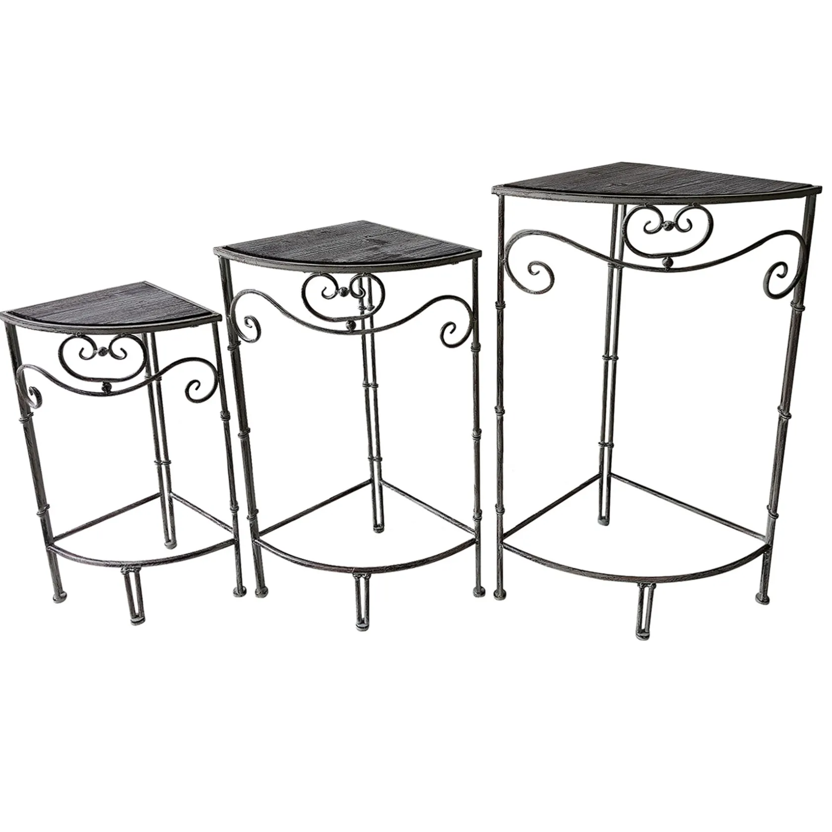 * Fan Shaped Wood Top Plant Stand With Rustic Double Tube Metal Leg, Small Low Price