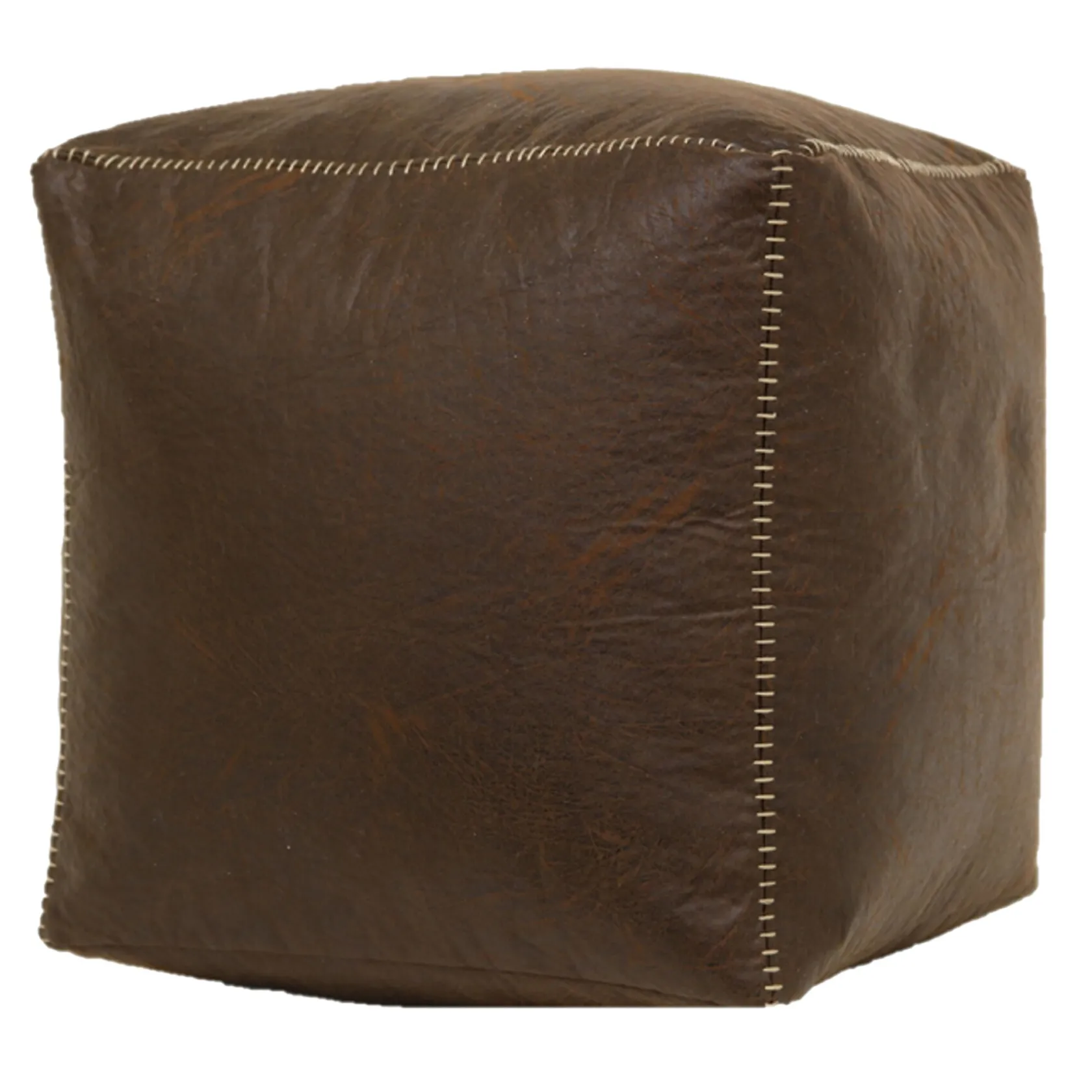 * Honeybloom Faux Leather Brown Pouf With Baseball Stitch Opening Sales