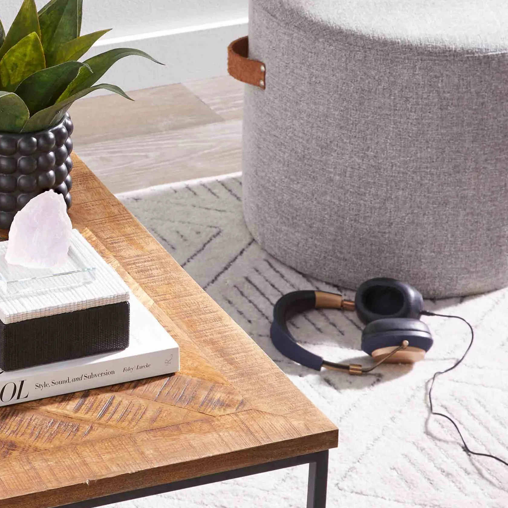 * Honeybloom Rica Textured Pouf With Faux Leather Handles, Grey Less Expensive