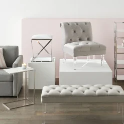 * Laila Ali Grey Tufted Bench With Clear Acrylic Legs Promotion