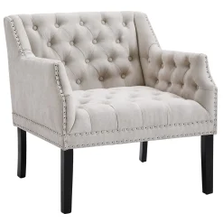 * Lena Ivory Velvet Tufted Armchair With Nailhead Trim Discount Online