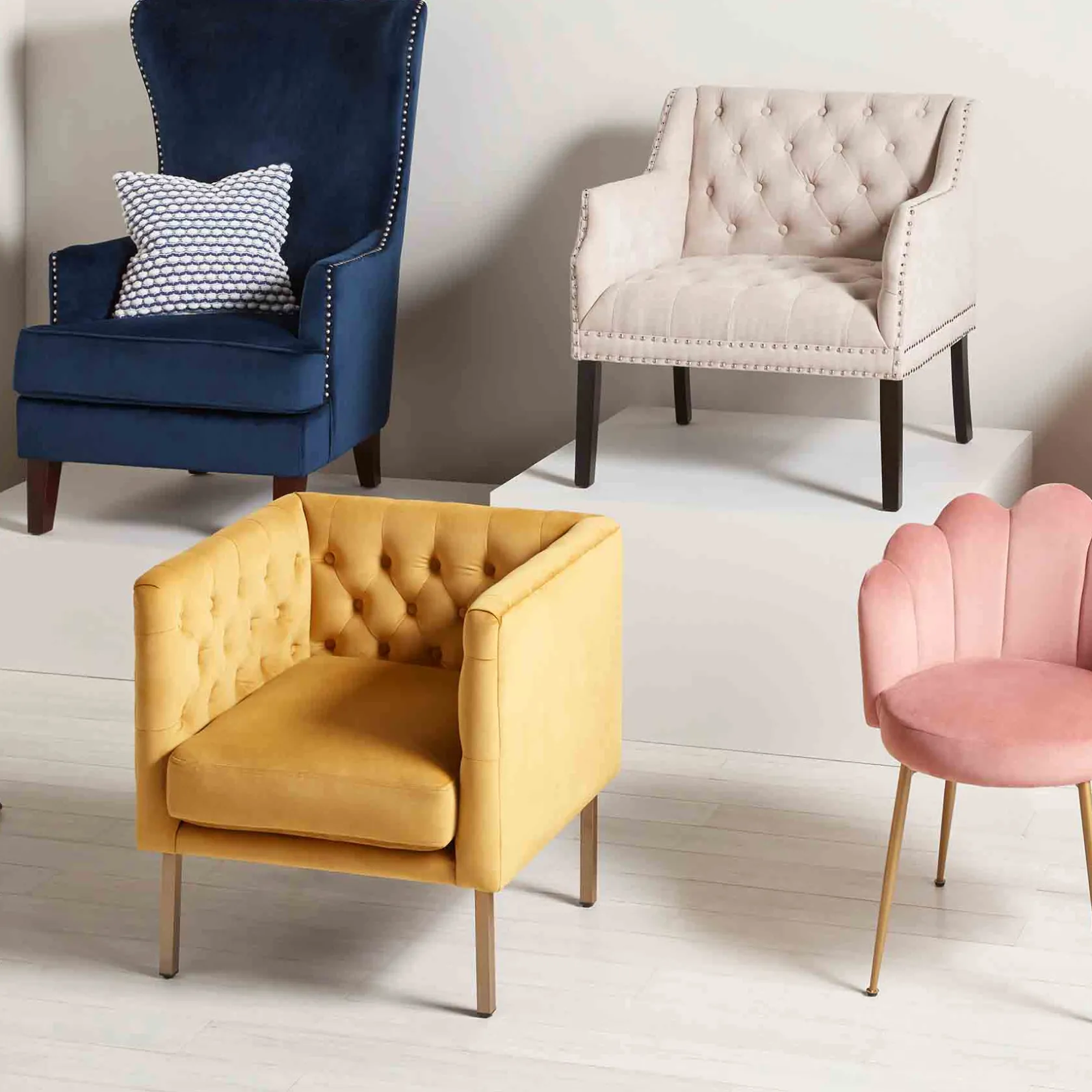 * Lena Ivory Velvet Tufted Armchair With Nailhead Trim Discount Online