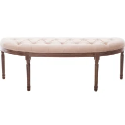 * Lourdes Ivory Linen Tufted Curved Bench W/Distressed Wood Legs Opening Sales