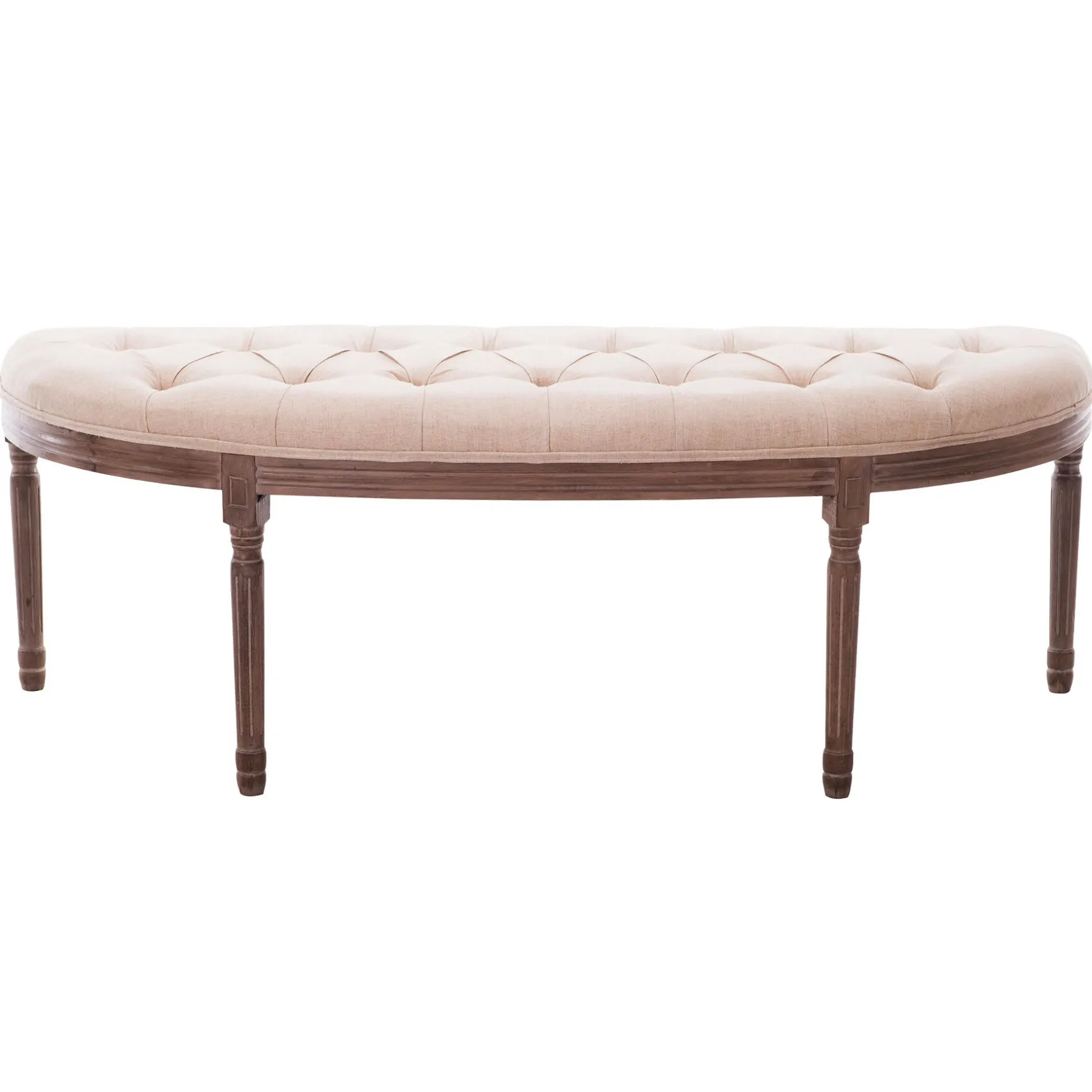 * Lourdes Ivory Linen Tufted Curved Bench W/Distressed Wood Legs Opening Sales