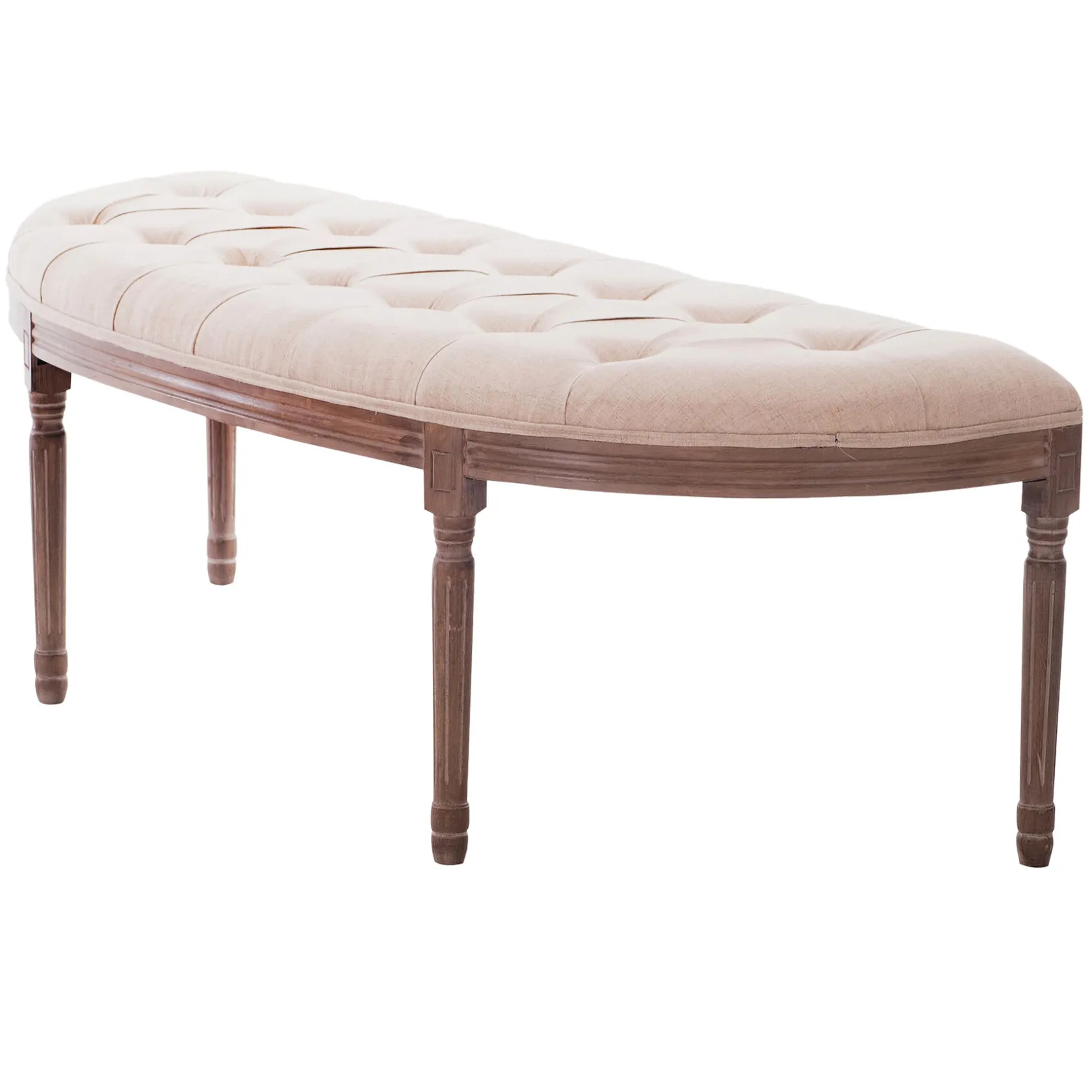 * Lourdes Ivory Linen Tufted Curved Bench W/Distressed Wood Legs Opening Sales