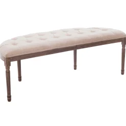 * Lourdes Ivory Linen Tufted Curved Bench W/Distressed Wood Legs Opening Sales