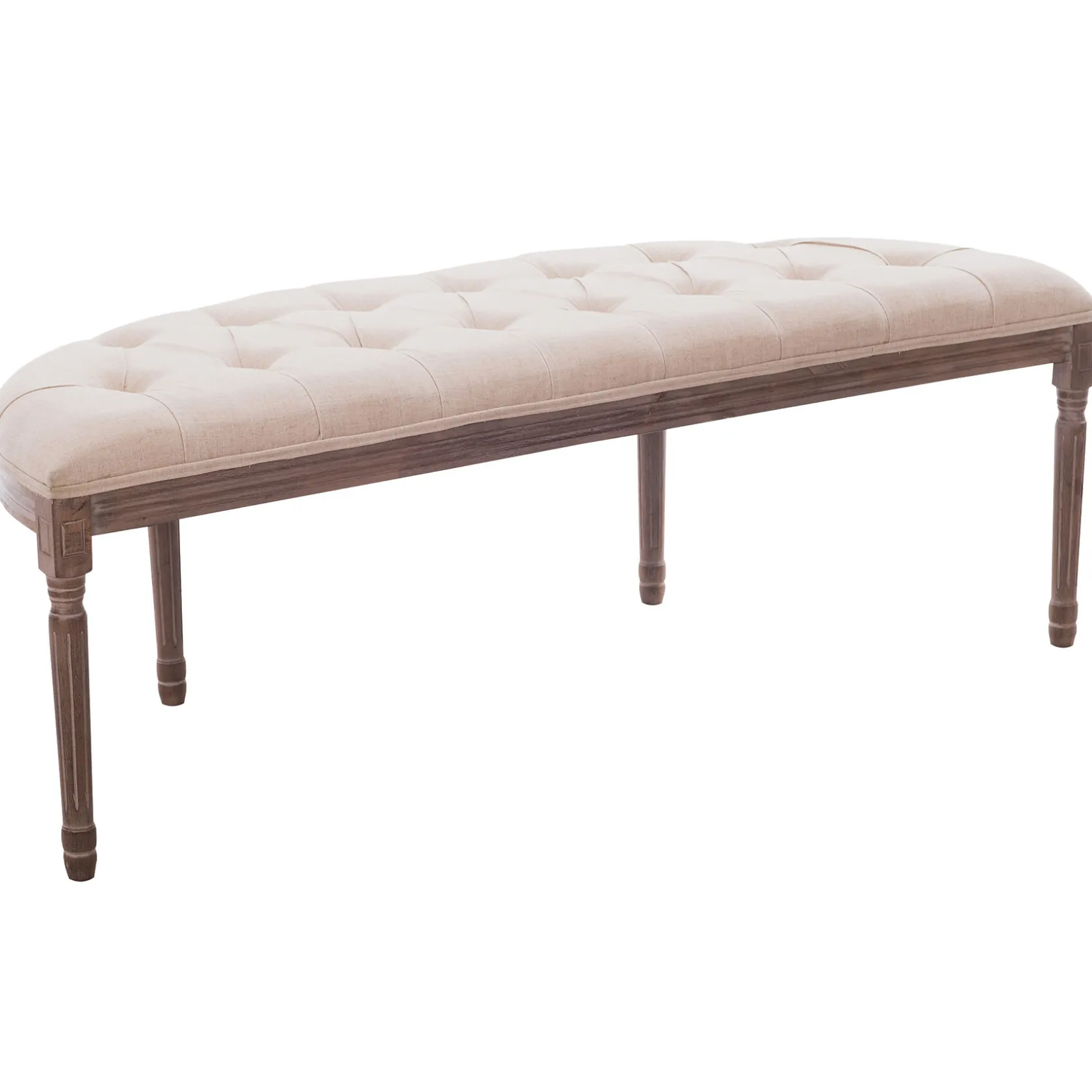 * Lourdes Ivory Linen Tufted Curved Bench W/Distressed Wood Legs Opening Sales