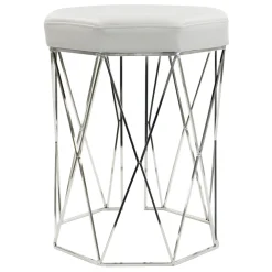 * Prisma Chrome Wire Vanity Stool/Padded White Faux Leather Seat Featured