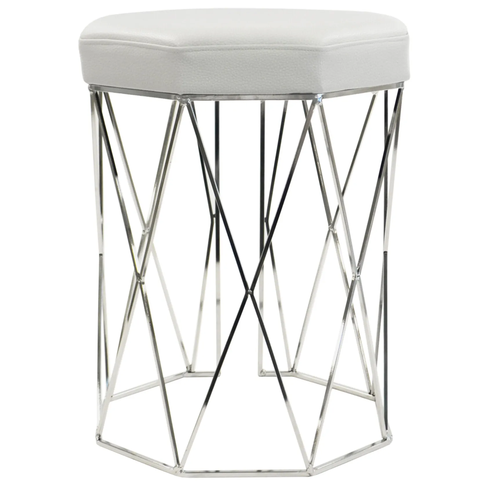 * Prisma Chrome Wire Vanity Stool/Padded White Faux Leather Seat Featured