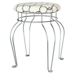 * Quatrefoil Silver Wire Vanity Stool/Ivory Printed Fabric Seat Opening Sales