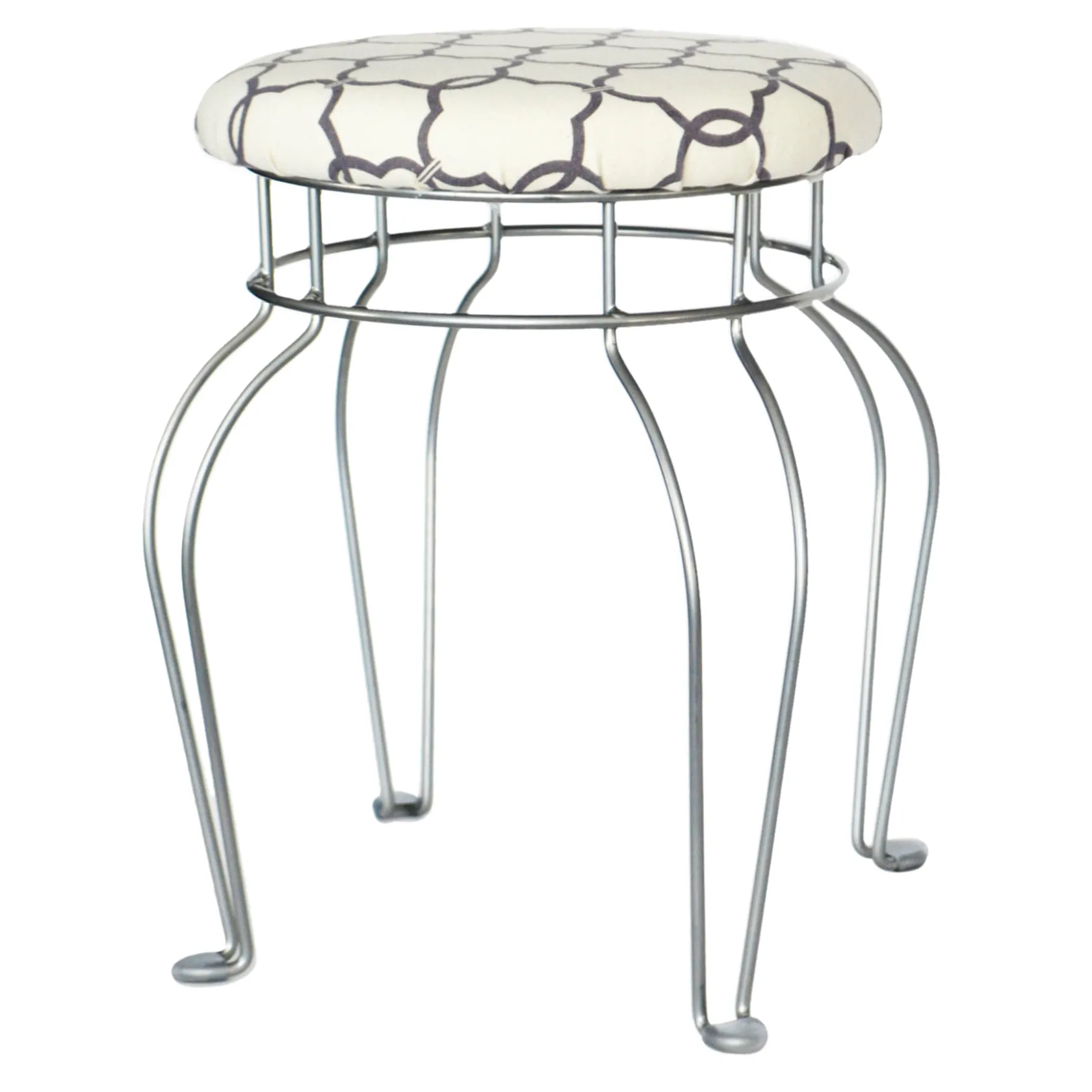 * Quatrefoil Silver Wire Vanity Stool/Ivory Printed Fabric Seat Opening Sales