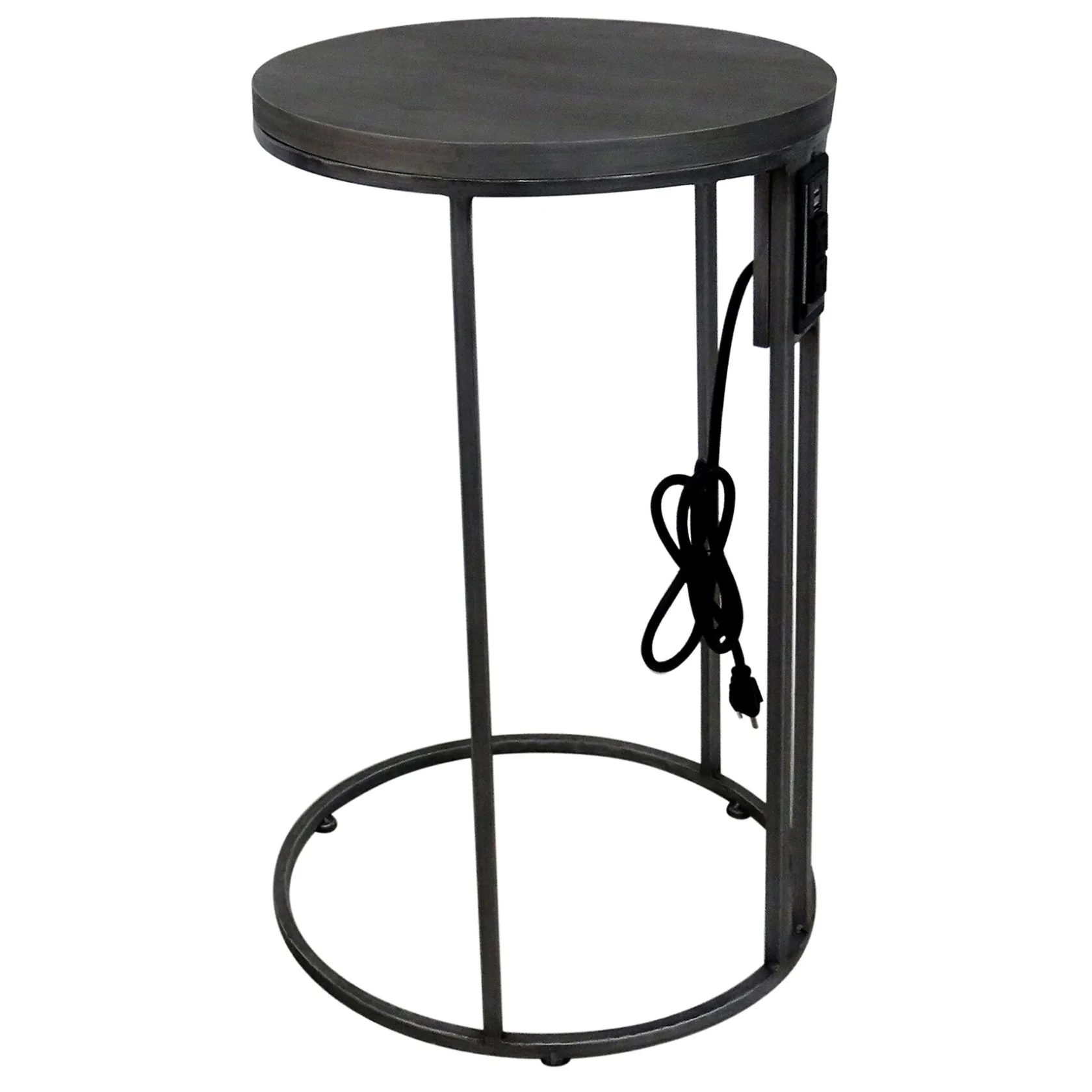 * Round Wood-Top Silver Metal C-Table With Usb Port, Large Premium