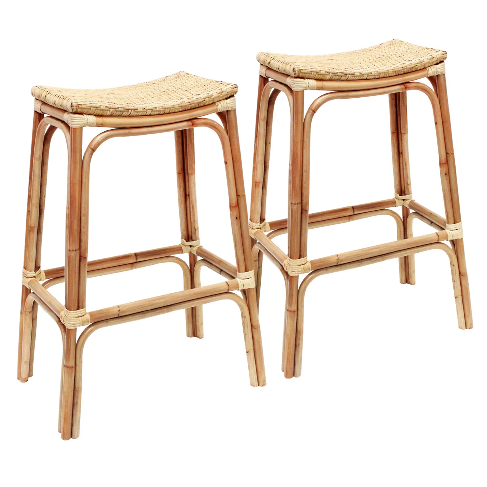 * Set Of 2 Indah Rattan Backless Barstool, Honey Bargain Sale