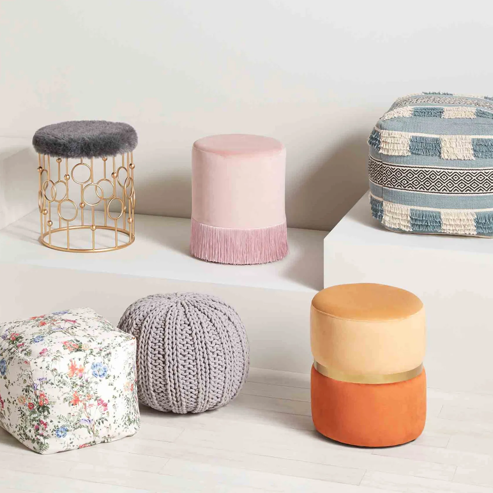 * Velvet Blush Round Ottoman With Fringe Featured